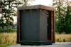 Picture of Cube Outdoor Wood-Fired Sauna in Deep Forest Green, Vertical Timber Cladding, Narrow Glass Door