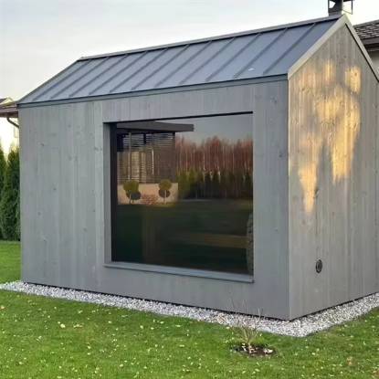 Picture of Suburban Backyard Outdoor Sauna Room with Large Mirror Glass Window, Weather Resistant