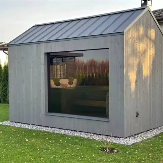 Picture of Suburban Backyard Outdoor Sauna Room with Large Mirror Glass Window, Weather Resistant