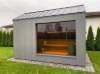 Picture of Suburban Backyard Outdoor Sauna Room with Large Mirror Glass Window, Weather Resistant