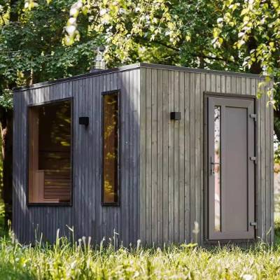 Square Outdoor Sauna Room, Charcoal Grey Weathered Timber Look, Glass Door and Windows