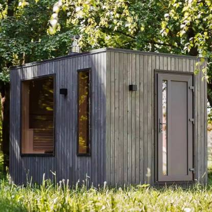 Picture of Square Outdoor Sauna Room, Charcoal Grey Weathered Timber Look, Glass Door and Windows