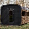Picture of Rectangular Outdoor Steam Sauna Room, Redwood, Black and Brown Two-Tone Exterior, Multi-Window, Spacious Interior