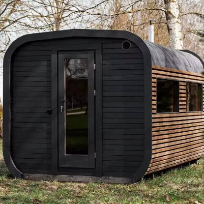Picture of Rectangular Outdoor Steam Sauna Room, Redwood, Black and Brown Two-Tone Exterior, Multi-Window, Spacious Interior