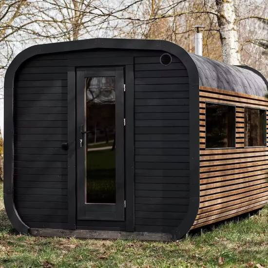 Picture of Rectangular Outdoor Steam Sauna Room, Redwood, Black and Brown Two-Tone Exterior, Multi-Window, Spacious Interior
