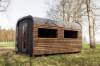 Picture of Rectangular Outdoor Steam Sauna Room, Redwood, Black and Brown Two-Tone Exterior, Multi-Window, Spacious Interior