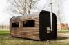 Picture of Rectangular Outdoor Steam Sauna Room, Redwood, Black and Brown Two-Tone Exterior, Multi-Window, Spacious Interior