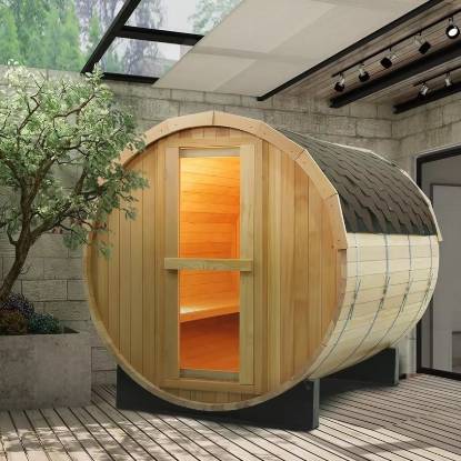 Picture of 4-8 Person Red Cedar Outdoor Barrel Sauna with Panoramic Window