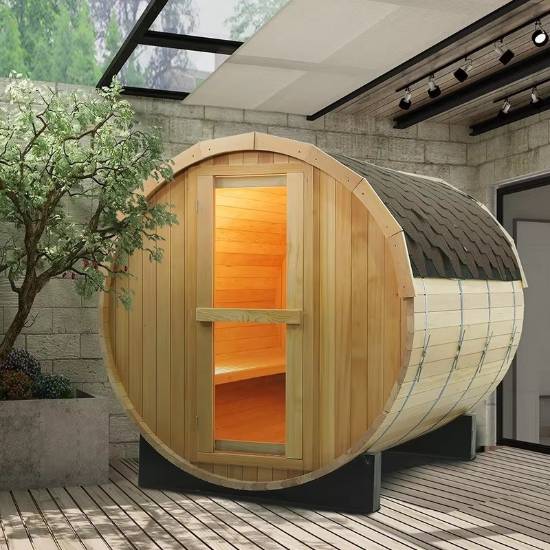 Picture of 4-8 Person Red Cedar Outdoor Barrel Sauna with Panoramic Window