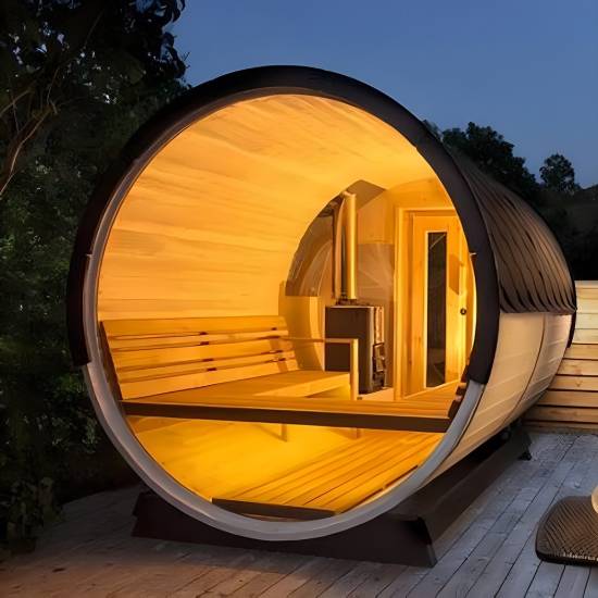 Picture of Outdoor 6-Person Traditional Barrel Sauna with Panoramic Window, Finnish Red Cedar