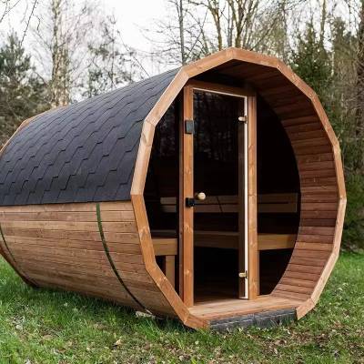 Rustic Forest Wellness Barrel, Octagonal Ends, Built-In Seating, for Backyard or Camp