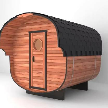 Picture of Commercial Barrel Steam Sauna Room with Solid Timber Panels, Black Tile Roof, Octagonal Window