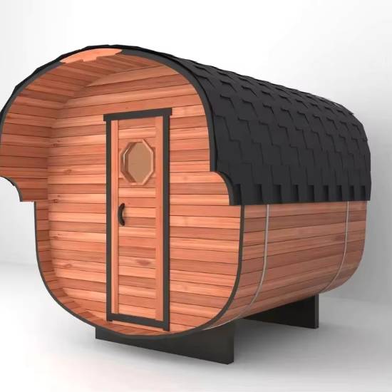 Picture of Commercial Barrel Steam Sauna Room with Solid Timber Panels, Black Tile Roof, Octagonal Window