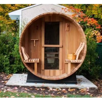 Spacious 2-4 Person Wooden Barrel Sauna with Freestanding Design and Large Viewing Window