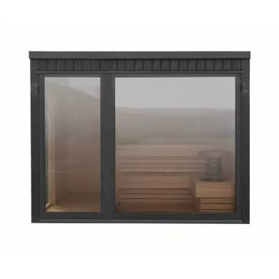 Dark Grey Solid Wood Sauna Room with Sliding Door and Tiered Seating, Modern Commercial Design