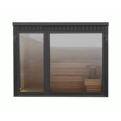 Picture of Dark Grey Solid Wood Sauna Room with Sliding Door and Tiered Seating, Modern Commercial Design