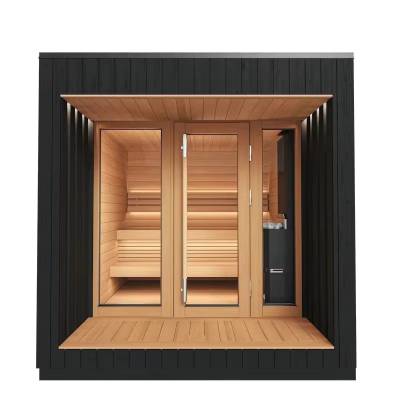 Modern Cube Outdoor Sauna with Black Vertical Cladding and Glass Entry Vestibule