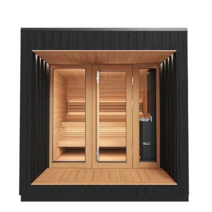 Picture of Modern Cube Outdoor Sauna with Black Vertical Cladding and Glass Entry Vestibule