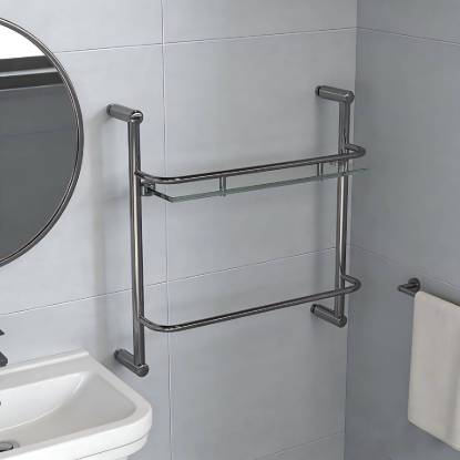 Picture of Shower Screen Glass Stainless Steel Dual Use Wall Shelf, No-Drill, Fits Back Panel Wall