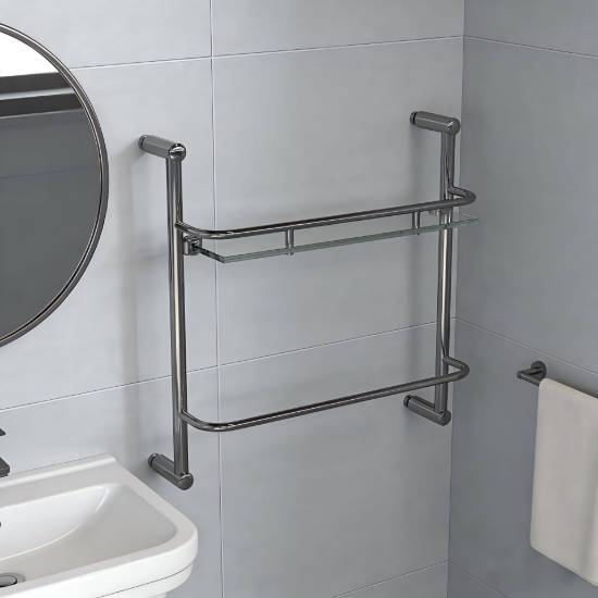 Picture of Shower Screen Glass Stainless Steel Dual Use Wall Shelf, No-Drill, Fits Back Panel Wall