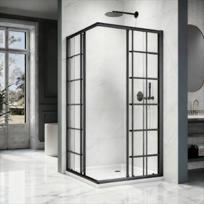 Custom Luxury Silk-Screened Black Frame Toughened Glass Double Sliding Shower Enclosure