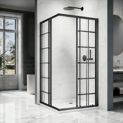 Picture of Custom Luxury Silk-Screened Black Frame Toughened Glass Double Sliding Shower Enclosure