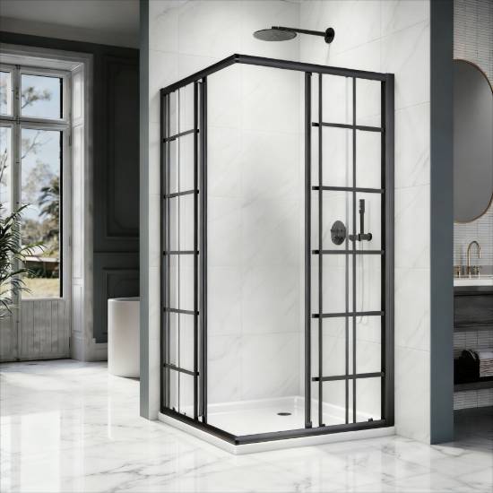 Picture of Custom Luxury Silk-Screened Black Frame Toughened Glass Double Sliding Shower Enclosure