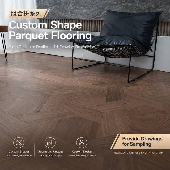 Picture of Custom Geometric Parquet Engineered Timber Flooring, Black Walnut Oak Veneer, U-Groove