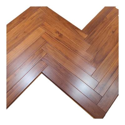 Solid Teak Herringbone Timber Flooring 18mm, Walnut Colour, Underfloor Heating, Mid-Century Style