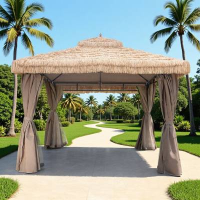 Outdoor Gazebo with Synthetic Thatch Roof, Four-Post Garden Pavilion, Shade Shelter