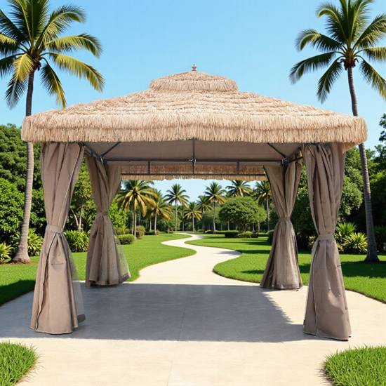 Picture of Outdoor Gazebo with Synthetic Thatch Roof, Four-Post Garden Pavilion, Shade Shelter