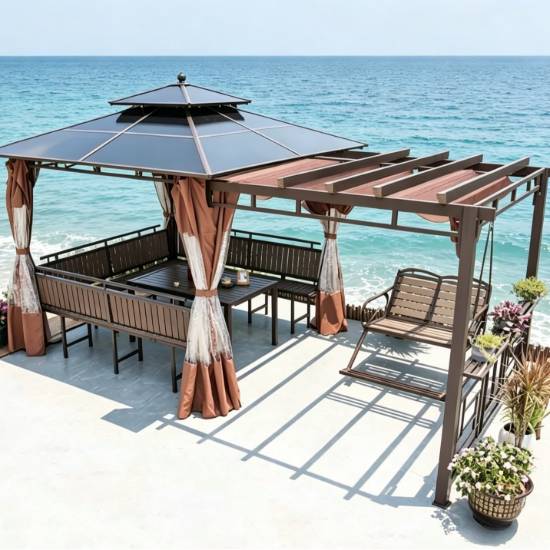 Picture of Aluminium Garden Gazebo with Thatched Roof and Pergola for Terrace, Balcony and Courtyard