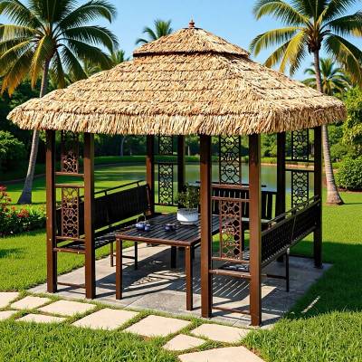 Outdoor Thatched Gazebo with Faux Straw Roof, Garden Pavilion for Resorts