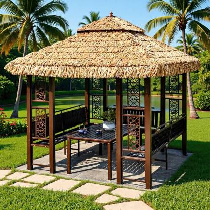 Picture of Outdoor Thatched Gazebo with Faux Straw Roof, Garden Pavilion for Resorts