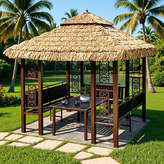 Picture of Outdoor Thatched Gazebo with Faux Straw Roof, Garden Pavilion for Resorts