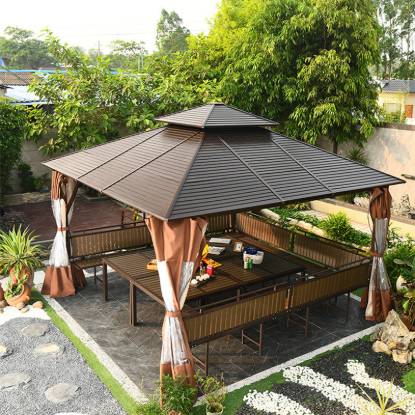 Picture of Four-Post Gazebo with Galvanised Steel Roof, Villa Garden Terrace Sun and Rain Shelter