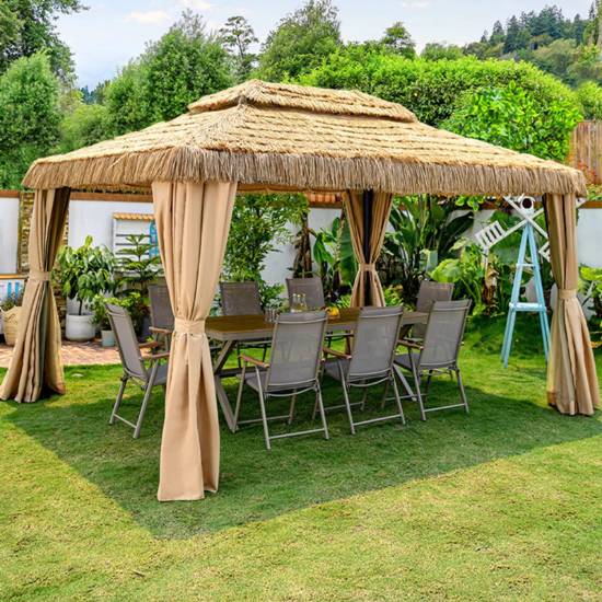 Picture of Outdoor Gazebo with Faux Thatched Straw Roof, Shade Shelter for Courtyard and Guesthouse