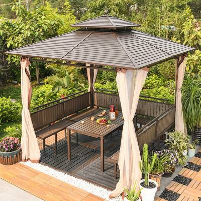 Large Gazebo Canopy with Galvanised Steel Roof, Garden Terrace Sun and Rain Shelter
