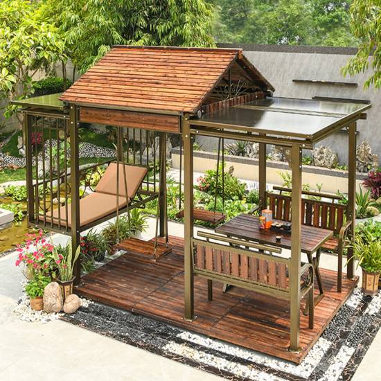 Picture of Outdoor Carbonised Timber Gazebo with Swing Daybed, Patio Garden Sun Shelter