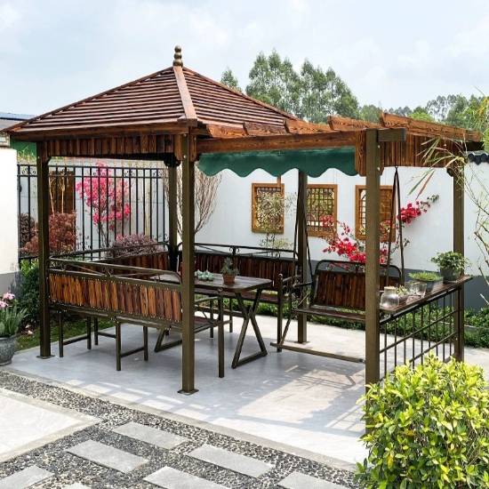Picture of Aluminium Pergola Gazebo with Swing, Table and Chairs, Treated Timber, Outdoor Garden