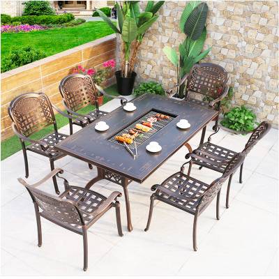 Cast Aluminium Outdoor BBQ Table and Chair 5-Piece Set with Marble Top