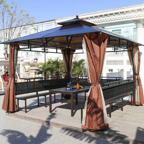 Picture of Aluminium Four-Corner Gazebo with Table, Chairs and Side Curtains, Outdoor Garden Shelter