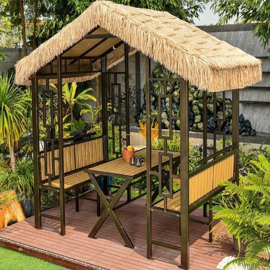 Picture of Outdoor Solid Timber Thatched Gazebo, Cabin Style Four-Post Landscape Pavilion for Garden