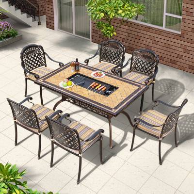 Cast Aluminium Outdoor Long Table and Chair Set, Waterproof, Sun-Resistant, for Guesthouses