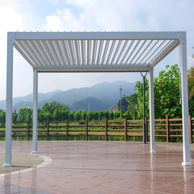 Outdoor Aluminium Gazebo with Motorised Louvre Roof, Chinese Style Rain and Shade Pavilion