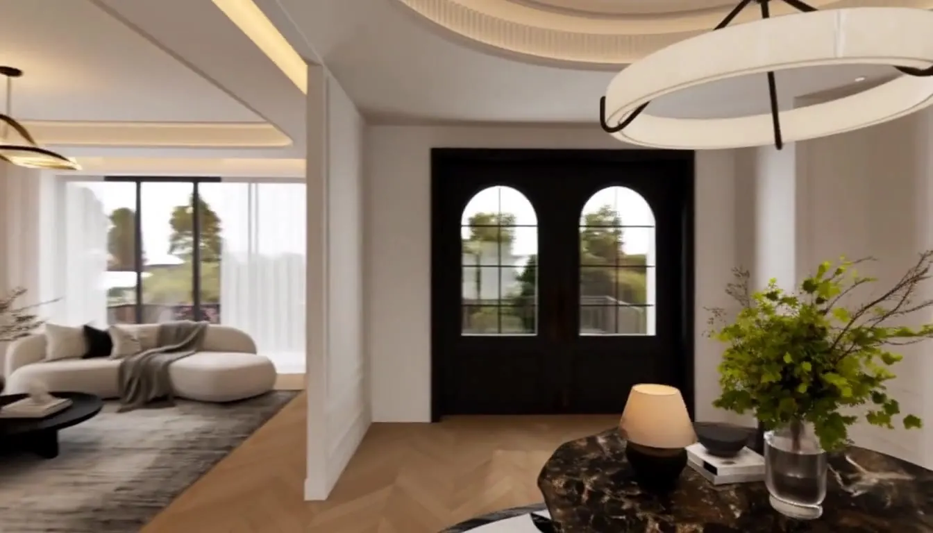 St Ives home entry render with arched timber doors, marble table and herringbone floor