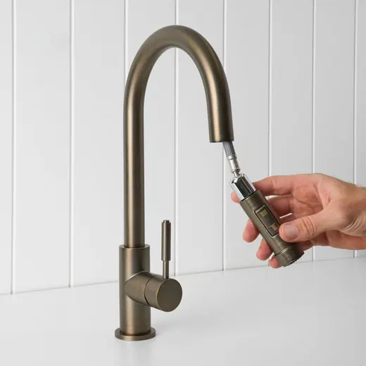 Dual-function pull-out kitchen mixer, antique brass