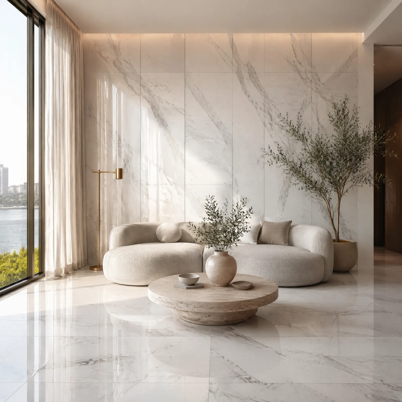 Living room laid with 600×1200 grey marble-look porcelain tiles