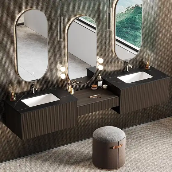 Walnut double floating vanity with arched mirrors